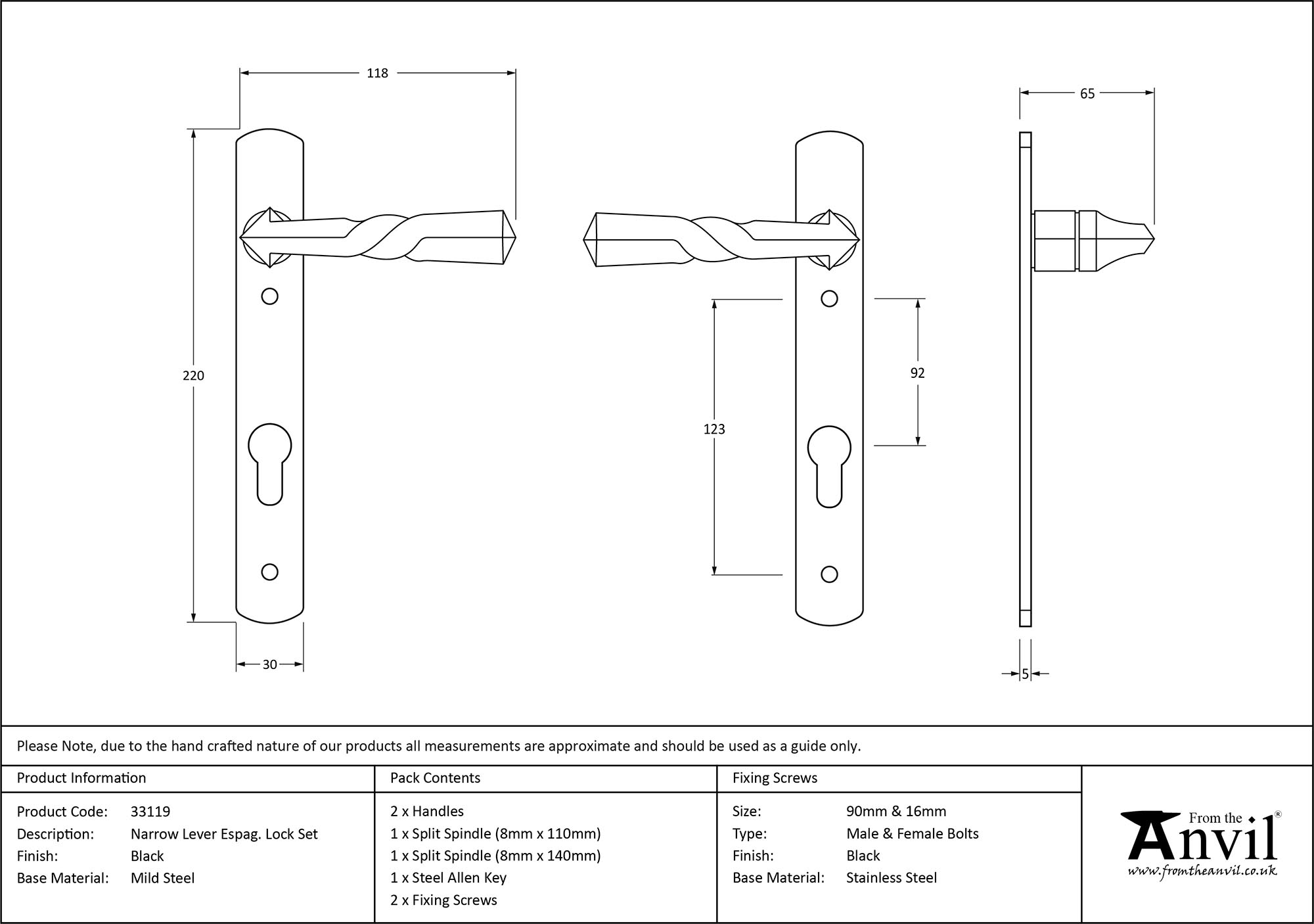 finish Narrow Lever Espag. Lock Set | From The Anvil