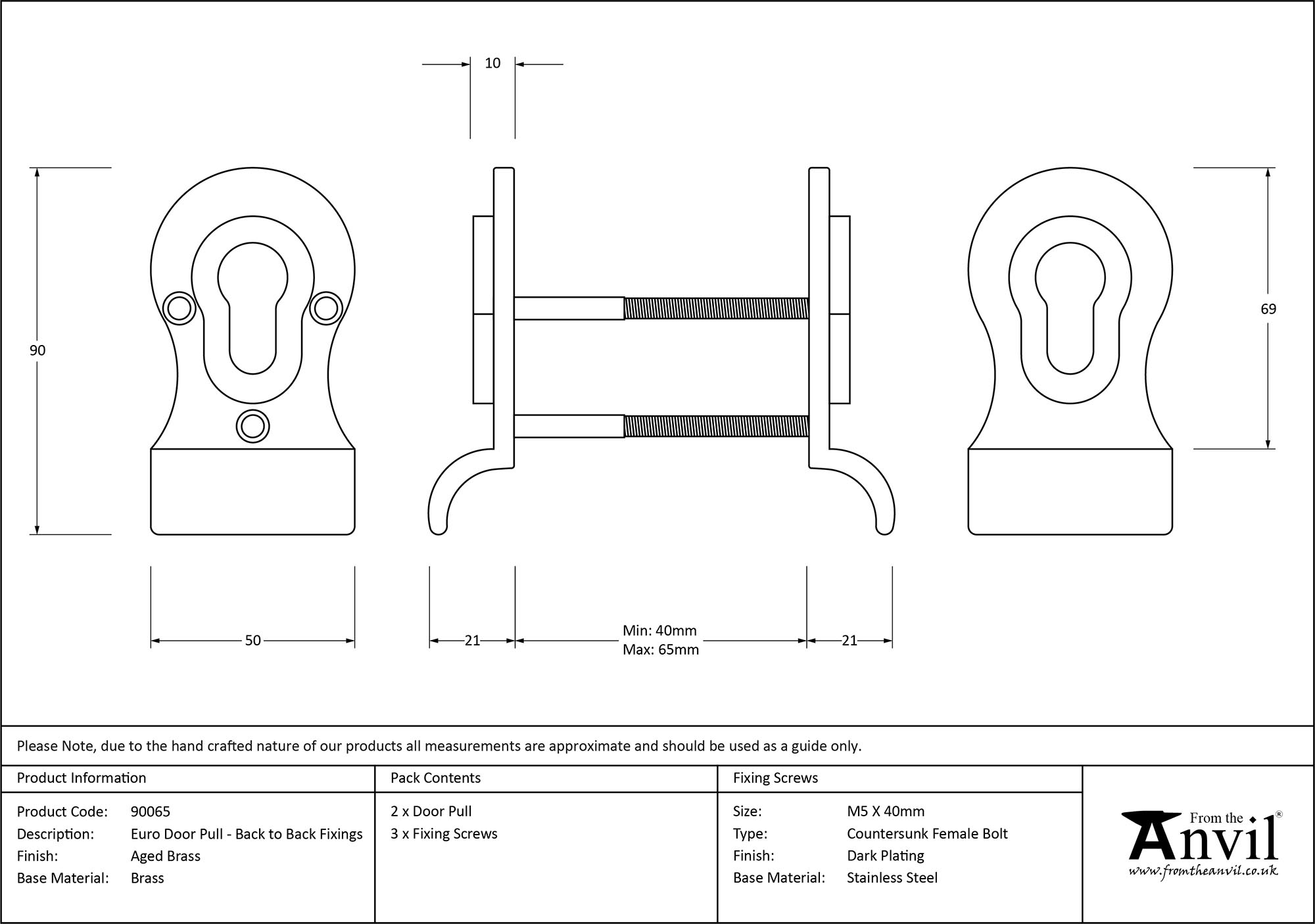 finish 50mm Euro Door Pull (Back to Back Fixings) | From The Anvil